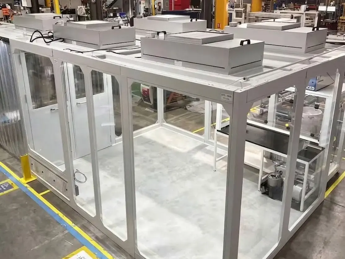 FFU units installed in a cleanroom ceiling grid.